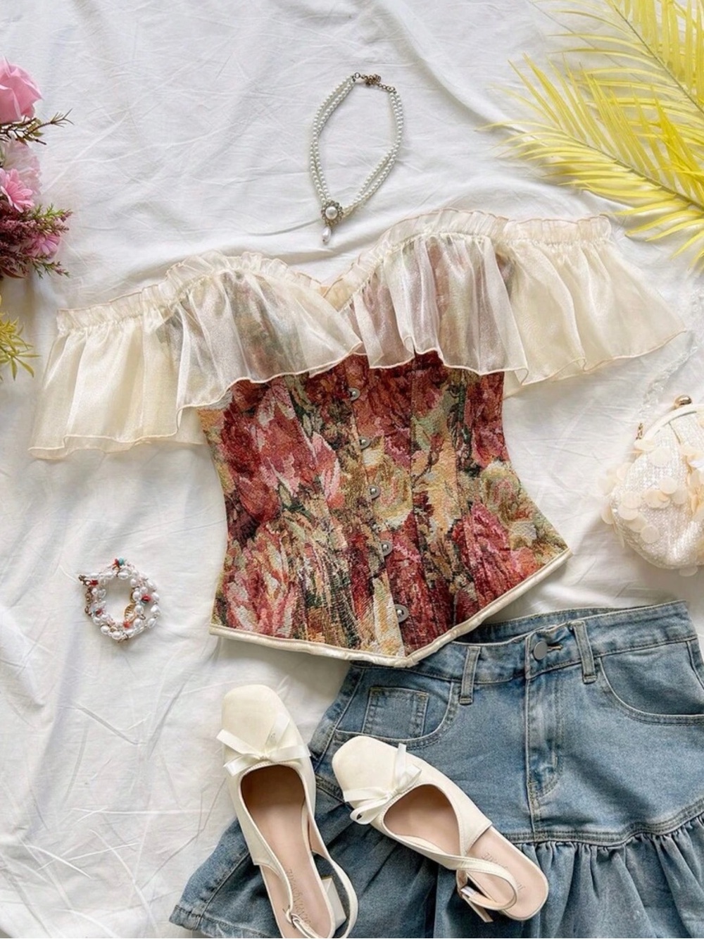 Floral Off-Shoulder Ruffle Corset Top in Ivory and Rose - Picture 3 of 4